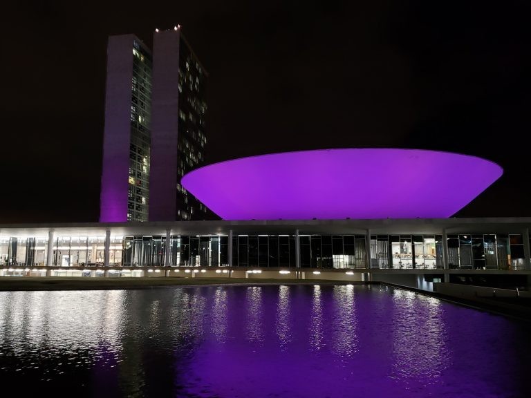 Cúpula da Câmara dos Deputados iluminada de roxo - (Foto: Pierre Triboli/Câmara dos Deputados)