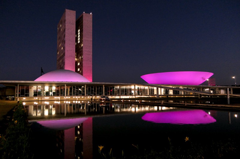 As duas cúpulas e as torres do Congresso Nacional foram iluminadas de rosa desde o início do mês - Roque de Sá/Agência Senado