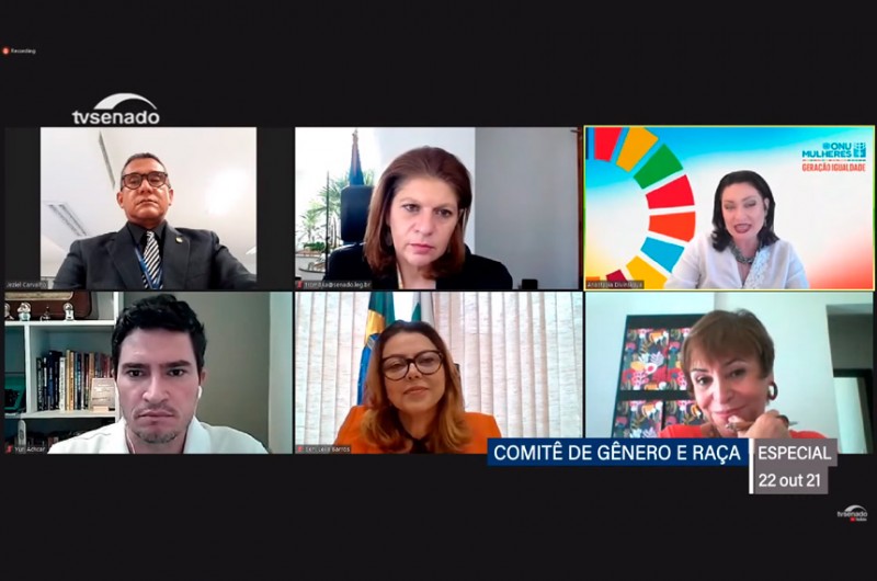 A diretora-geral, Ilana Trombka, a Procuradora da Mulher, senadora Leila Barros (Cidadania-DF), e a representante da ONU Mulheres no Brasil, Anastasia Divinskaya, participaram da solenidade - Reprodução/Tv Senado