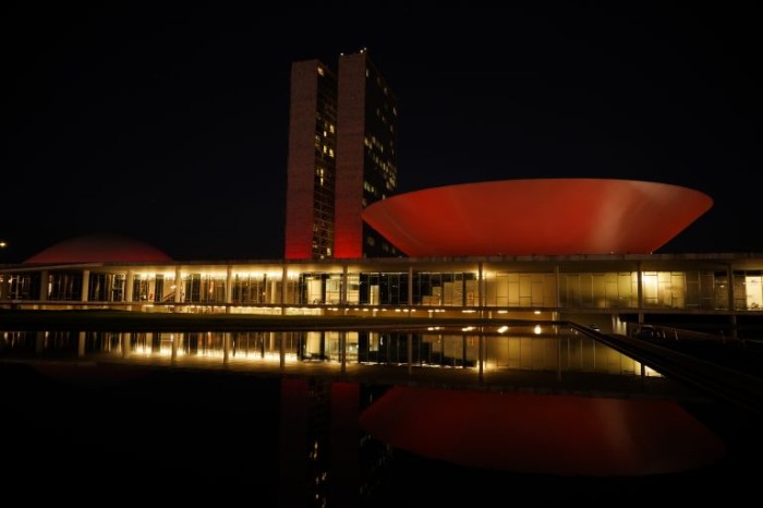 Congresso costuma se iluminar em datas especiais; acima homenagem ao Dia da Talassemia - (Foto: Pablo Valadares/Câmara dos Deputados)